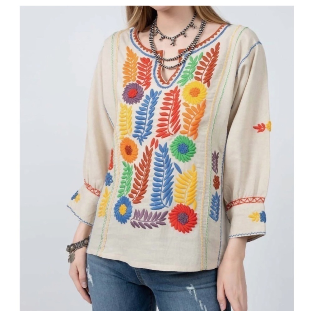Sister Mary - Gloria Top in Natural Sz XS NWT Linen Shirt Embroidered floral